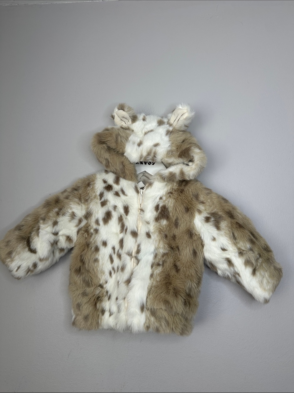 Faux Fur Hooded Kids Jacket with Ear Detail - Brown & White